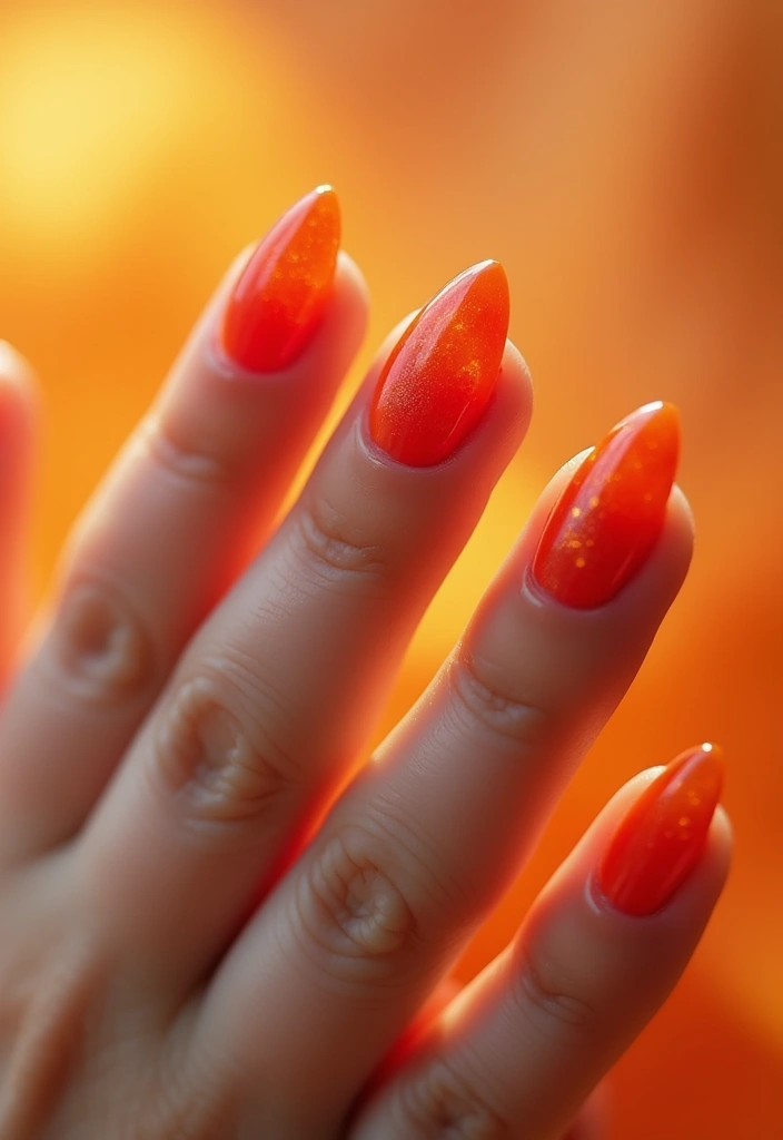 29 Almond Aura Nail Ideas to Try This Season - 19. Fiery Orange and Red Halo