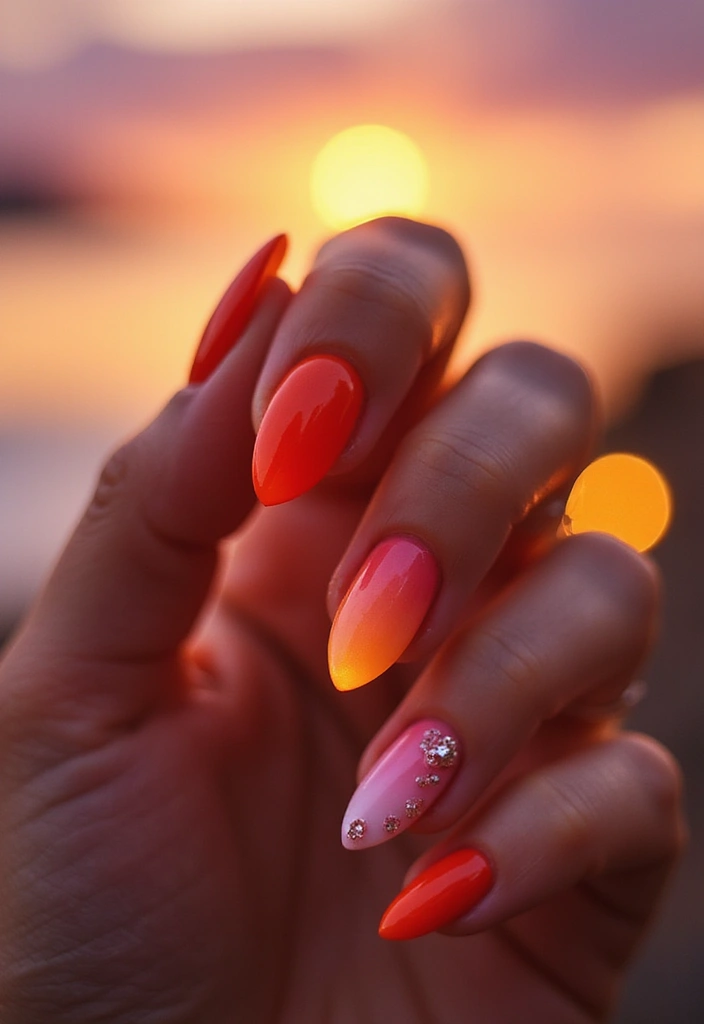 29 Almond Aura Nail Ideas to Try This Season - 26. Sunset Aura
