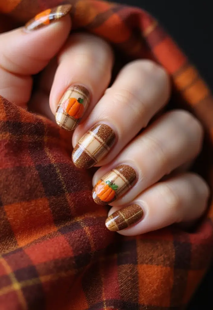 29 Cozy Fall Pumpkin Nail Ideas to Try This October - 10. Cozy Plaid and Pumpkin Blend