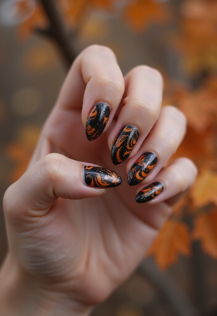 29 Cozy Fall Pumpkin Nail Ideas to Try This October - 13. Black and Orange Marble