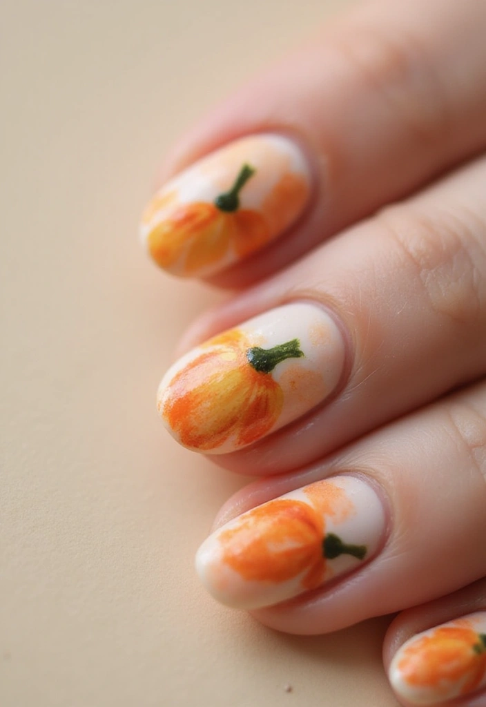 29 Cozy Fall Pumpkin Nail Ideas to Try This October - 15. Subtle Pumpkin Watercolor