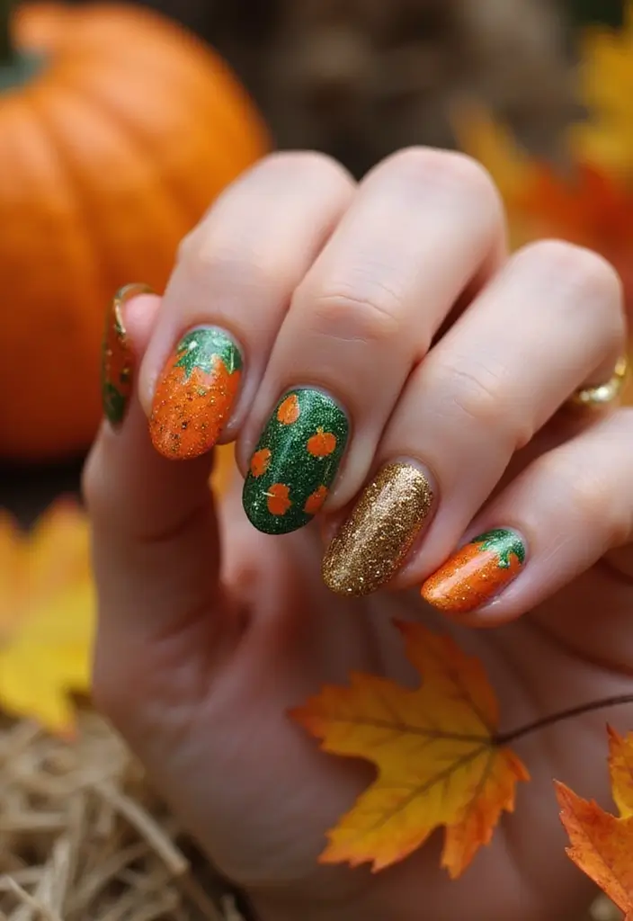 29 Cozy Fall Pumpkin Nail Ideas to Try This October - 22. Colorful Pumpkin Patch