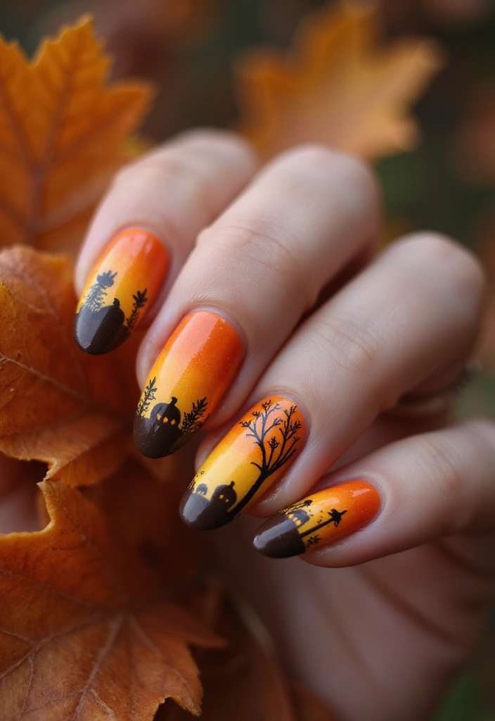 29 Cozy Fall Pumpkin Nail Ideas to Try This October - 27. Pumpkin Patch Silhouette
