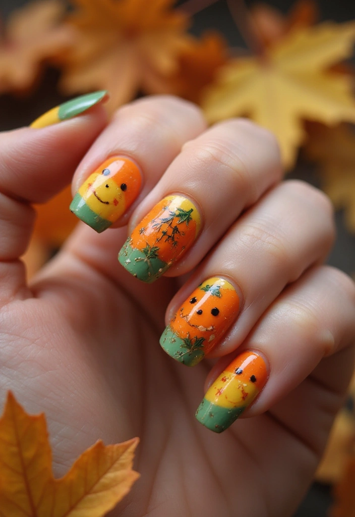 29 Cozy Fall Pumpkin Nail Ideas to Try This October - 28. Whimsical Pumpkin Characters