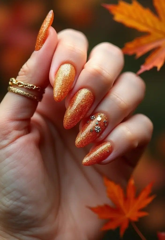 29 Cozy Fall Pumpkin Nail Ideas to Try This October - 6. Glittering Pumpkin Nails