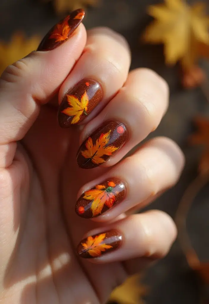 29 Cozy Fall Pumpkin Nail Ideas to Try This October - 7. Fall Leaves and Pumpkins