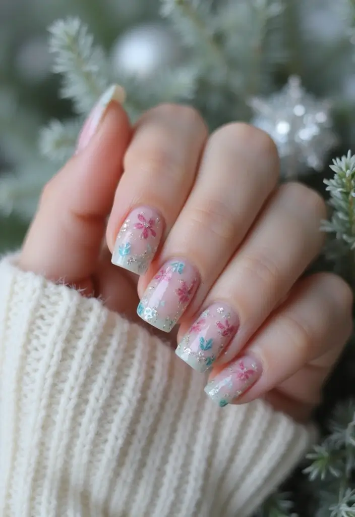 29 Winter Wonderland French Tips to Pin Now - 20. Whimsical Winter Garden French Tips