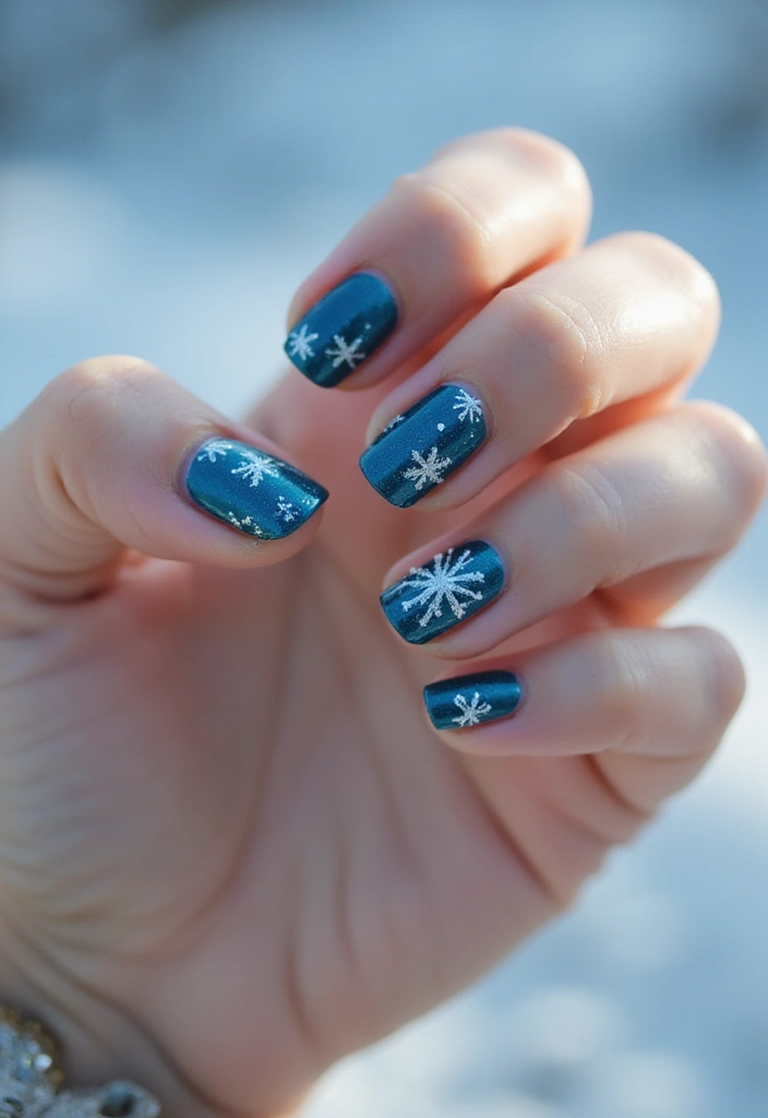 29 Winter Wonderland French Tips to Pin Now - 21. Silver Snowflakes on Blue Tips