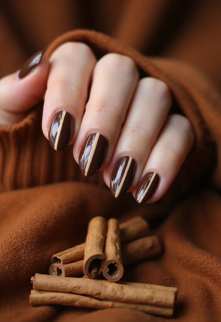30 Delicious Chocolate Latte Nails for Autumn - 10. Cinnamon Stick Stripes