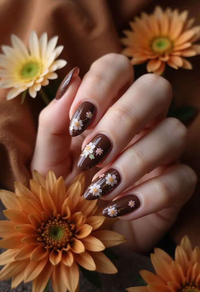 30 Delicious Chocolate Latte Nails for Autumn - 23. Chocolate Latte and Floral Designs