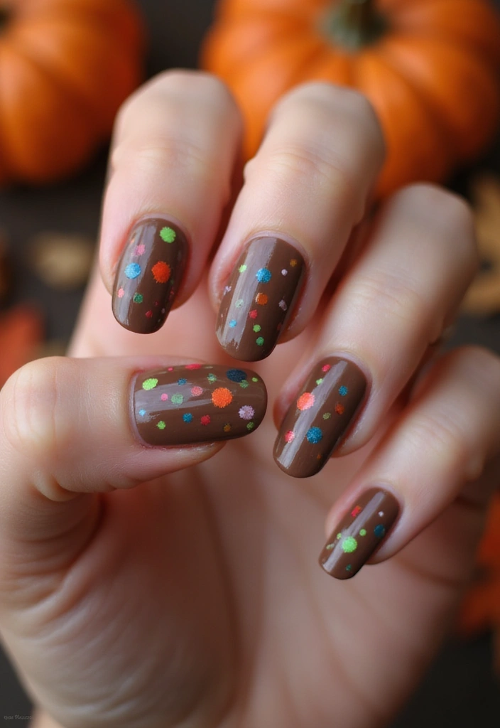 30 Delicious Chocolate Latte Nails for Autumn - 25. Chocolate Latte and Neon Dots