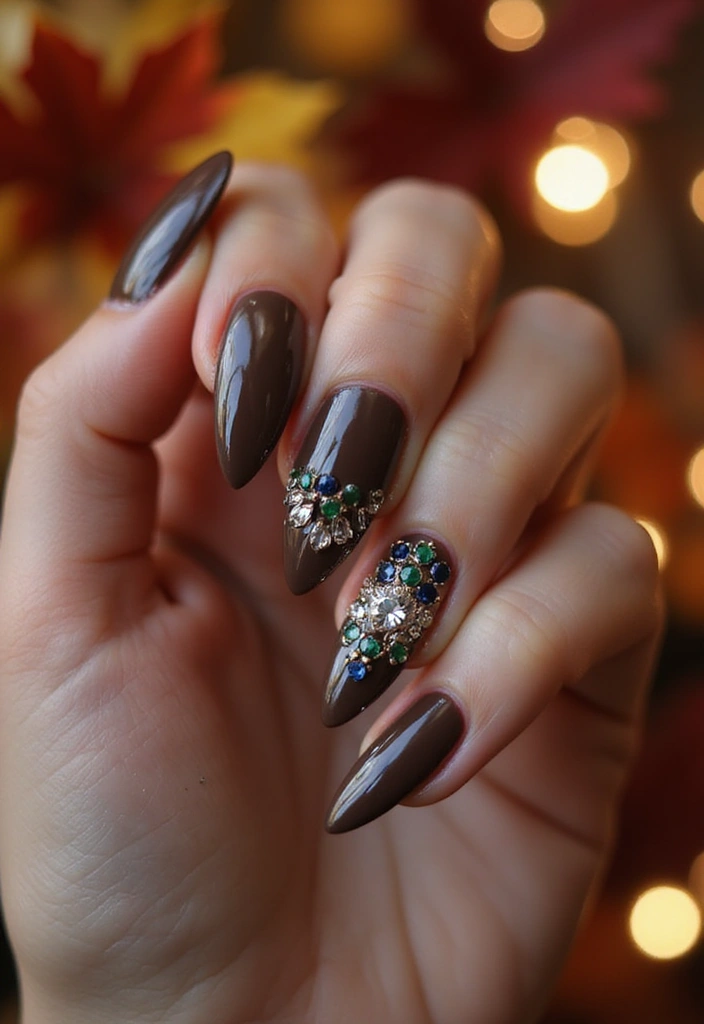 30 Delicious Chocolate Latte Nails for Autumn - 27. Chocolate and Jewel Accents
