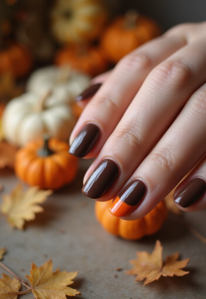 30 Delicious Chocolate Latte Nails for Autumn - 3. Pumpkin Spice Accent Nails