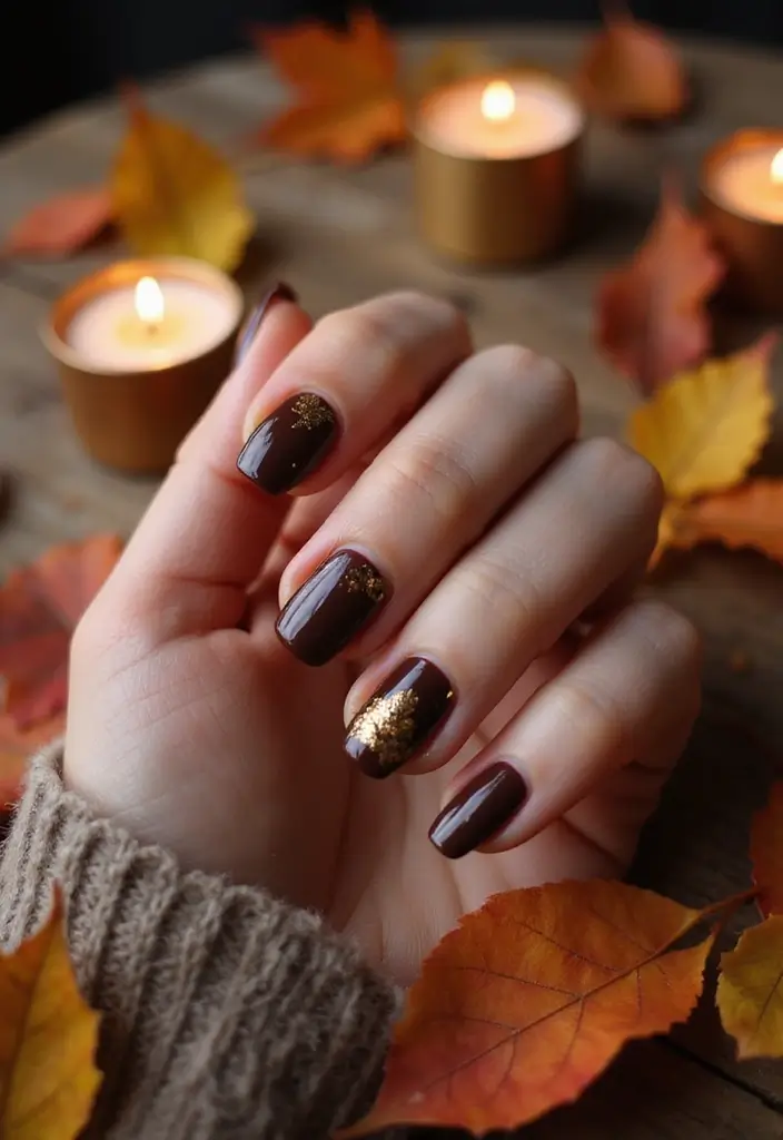 30 Delicious Chocolate Latte Nails for Autumn - 8. Chocolate with Golden Leaves