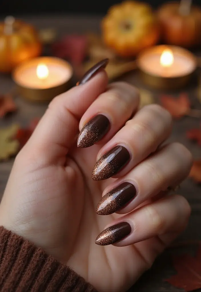 30 Delicious Chocolate Latte Nails for Autumn - 9. Chocolate Latte Glitter Fade