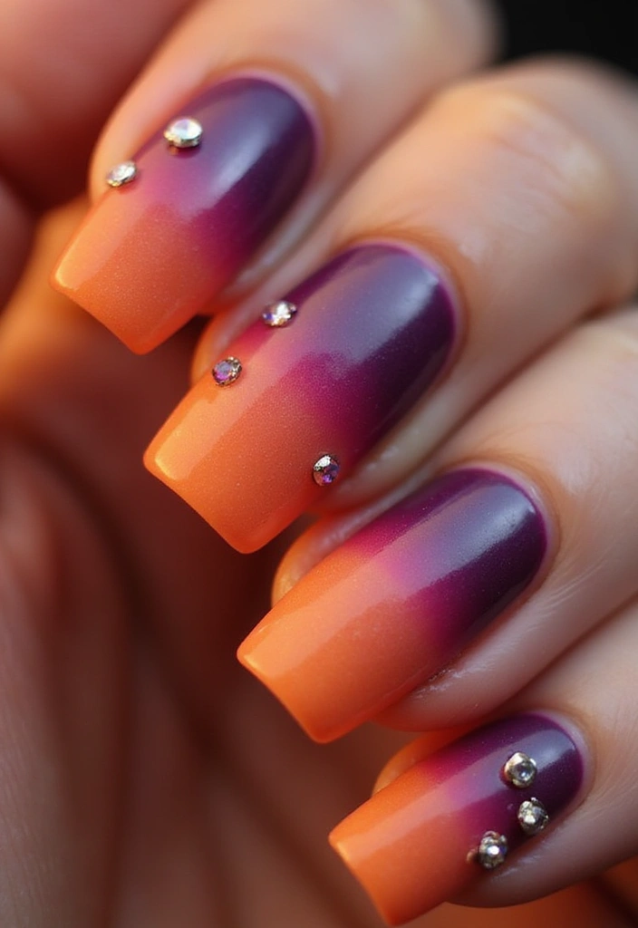 30 Sunset Ombre French Tip Ideas You Need This Year - 10. Sunset Ombre with Rhinestones