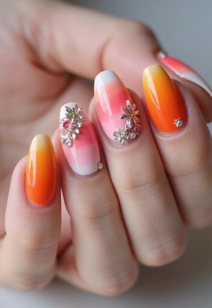 30 Sunset Ombre French Tip Ideas You Need This Year - 19. Sunset Ombre with 3D Elements