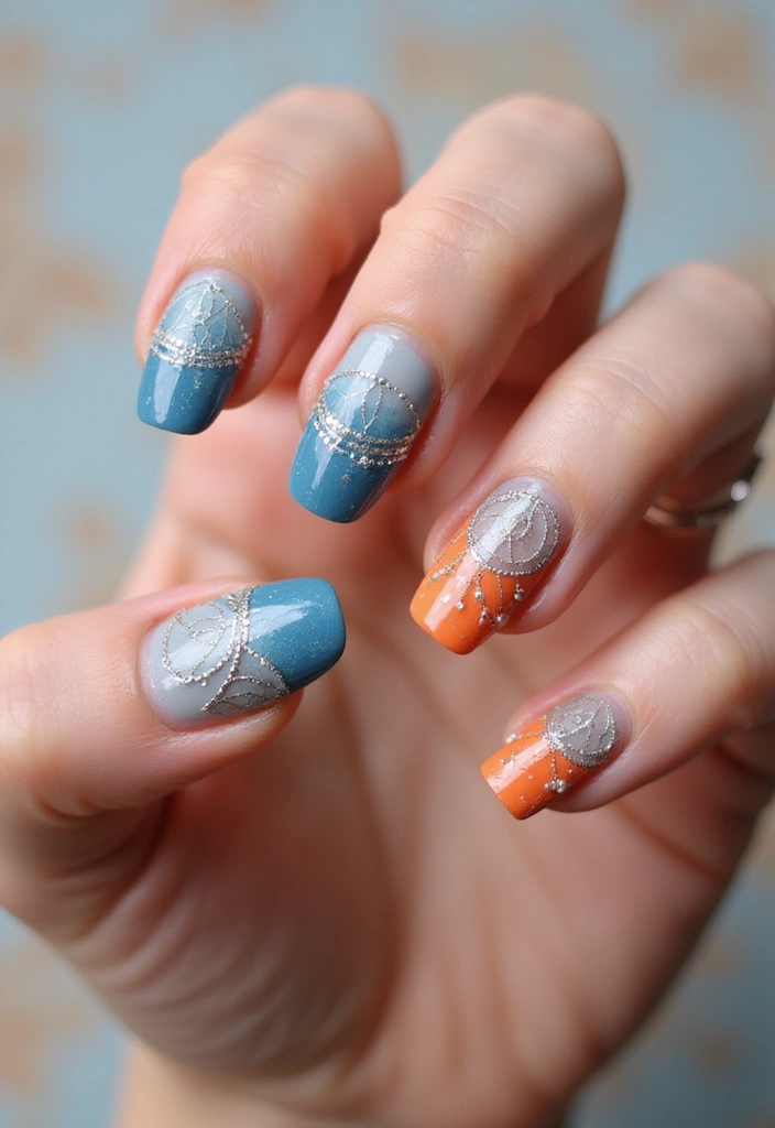 30 Sunset Ombre French Tip Ideas You Need This Year - 23. Sunset Ombre with Dreamcatcher Design