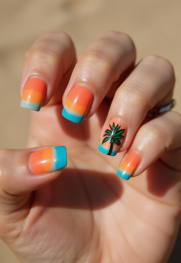 30 Sunset Ombre French Tip Ideas You Need This Year - 26. Sunset Ombre with Tropical Elements