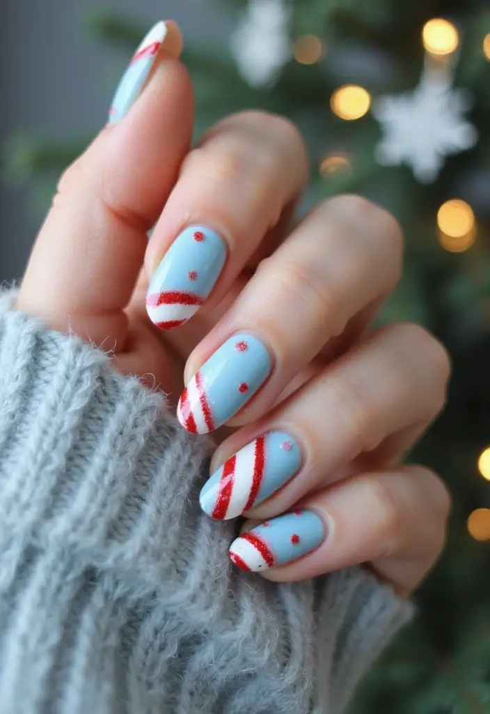 31 Icy Blue Christmas Nail Designs to Brighten December - 12. Festive Candy Canes
