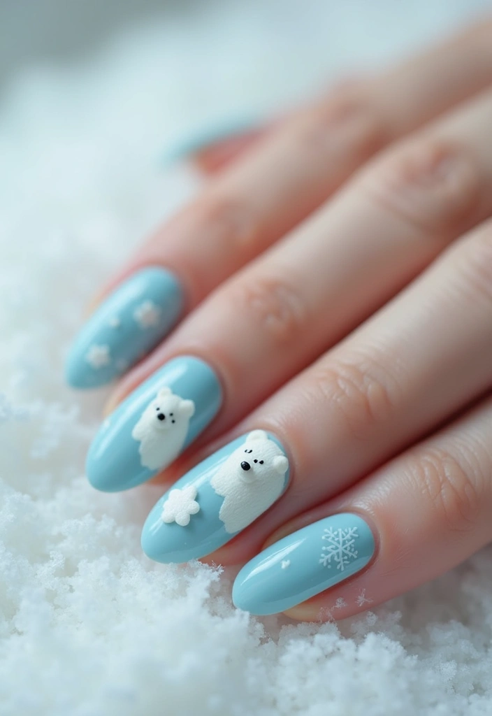 31 Icy Blue Christmas Nail Designs to Brighten December - 16. Polar Bear Nail Art