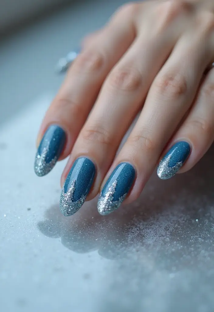 31 Icy Blue Christmas Nail Designs to Brighten December - 18. Icicle Glitter Tips