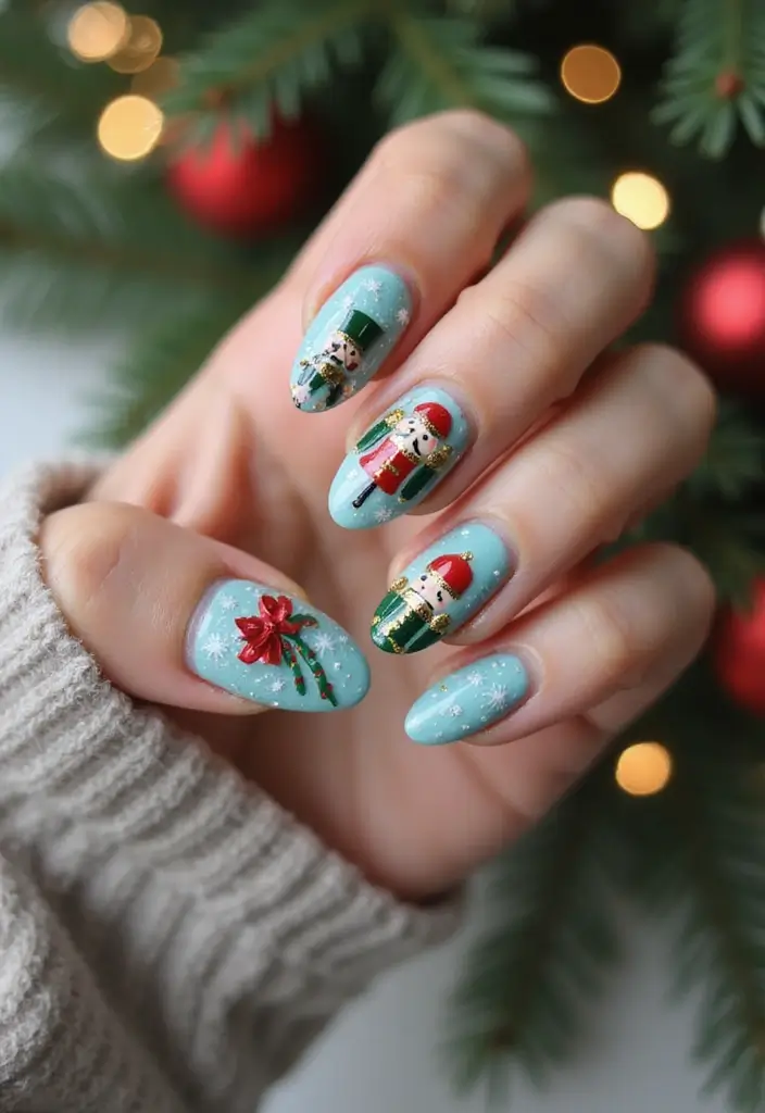 31 Icy Blue Christmas Nail Designs to Brighten December - 19. Nutcracker Nail Art