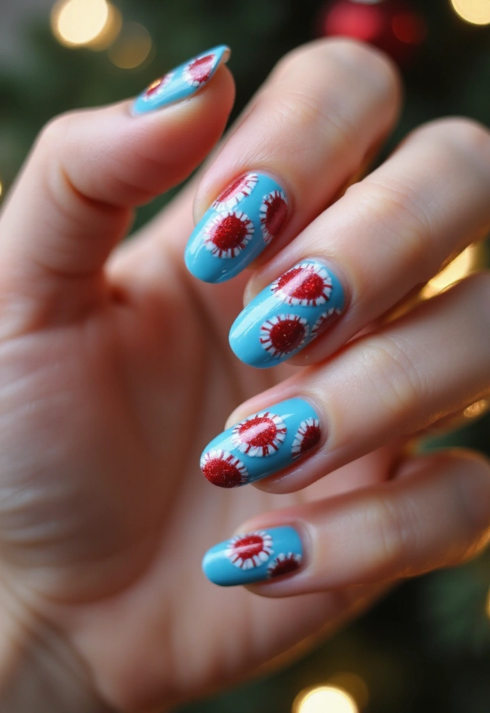 31 Icy Blue Christmas Nail Designs to Brighten December - 20. Candy Cane Swirls