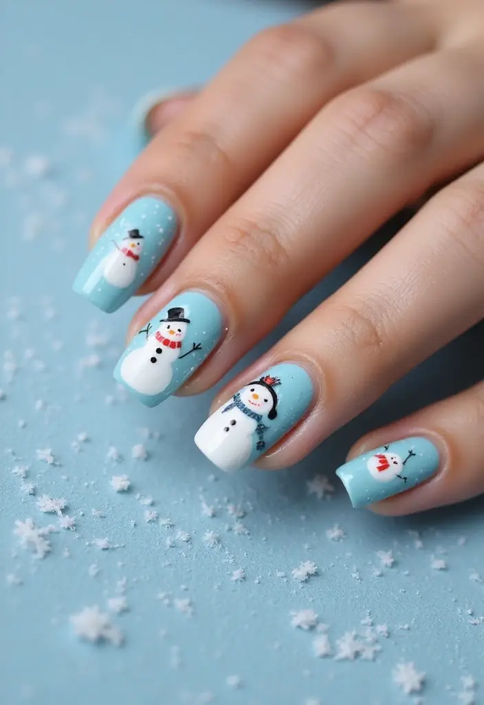 31 Icy Blue Christmas Nail Designs to Brighten December - 21. Snowman Nail Art