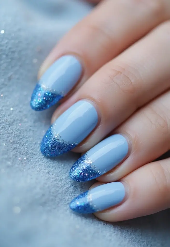 31 Icy Blue Christmas Nail Designs to Brighten December - 22. Blue Glitter Tips