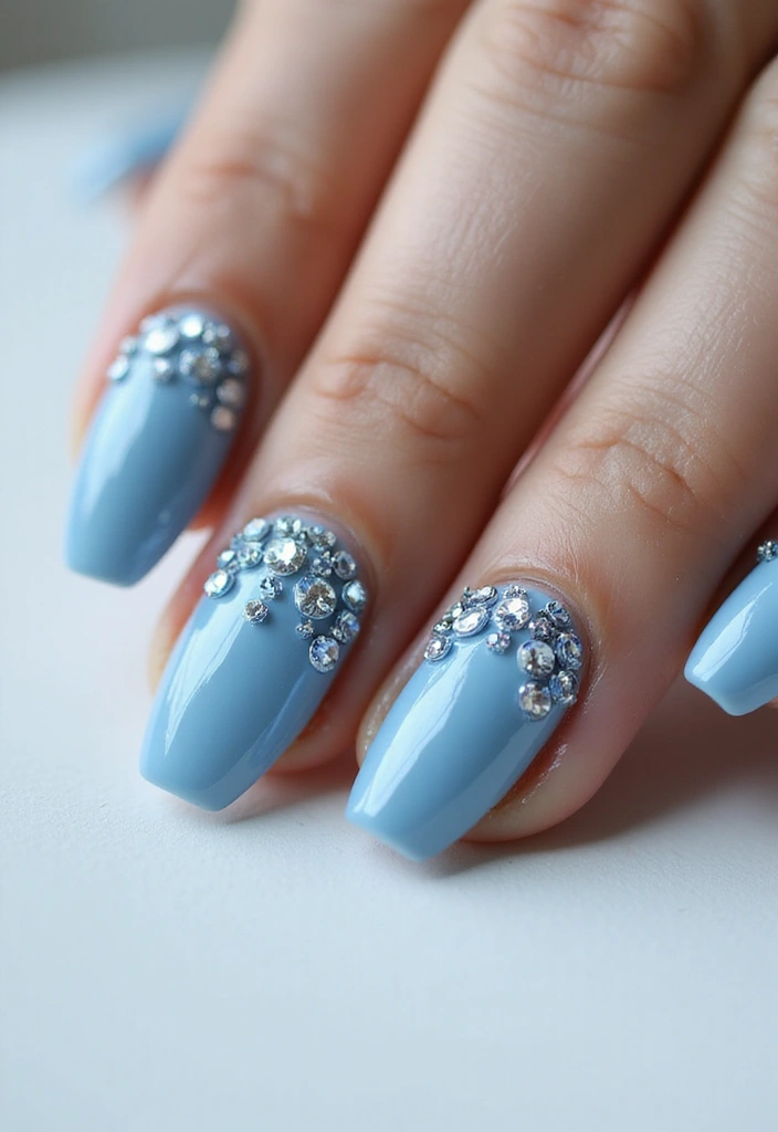 31 Icy Blue Christmas Nail Designs to Brighten December - 23. Icy Blue Rhinestones