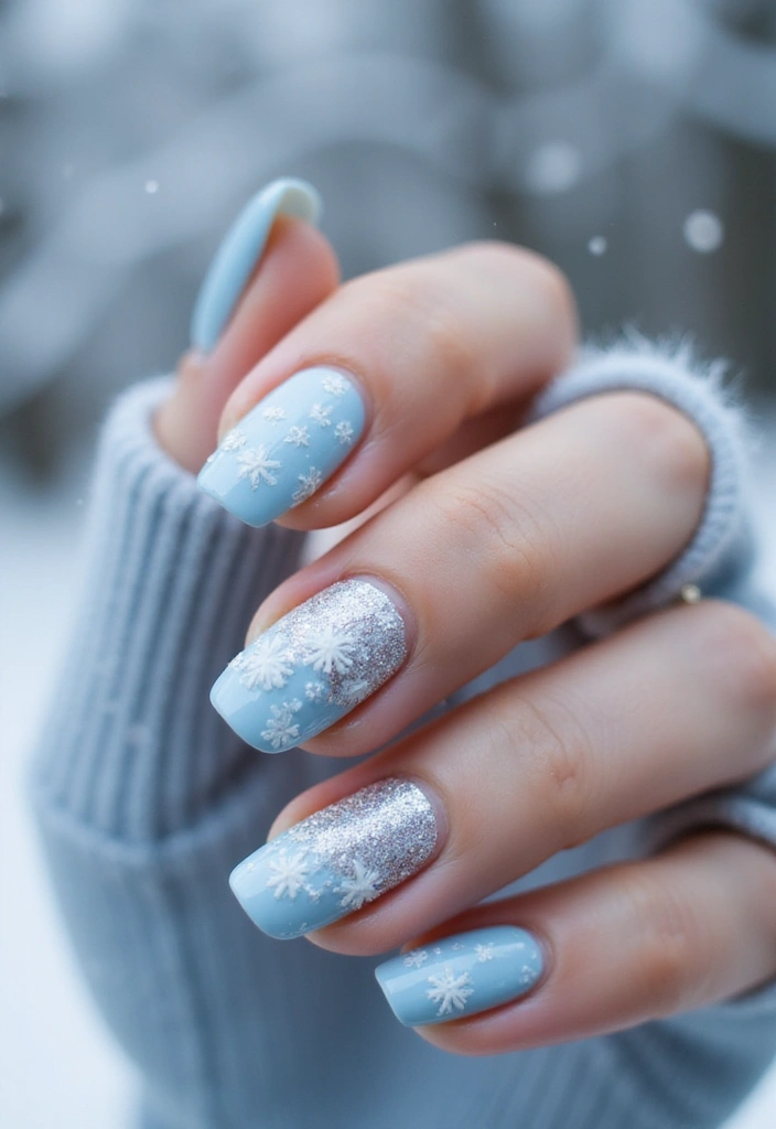 31 Icy Blue Christmas Nail Designs to Brighten December - 24. Blue Glitter Snowflakes