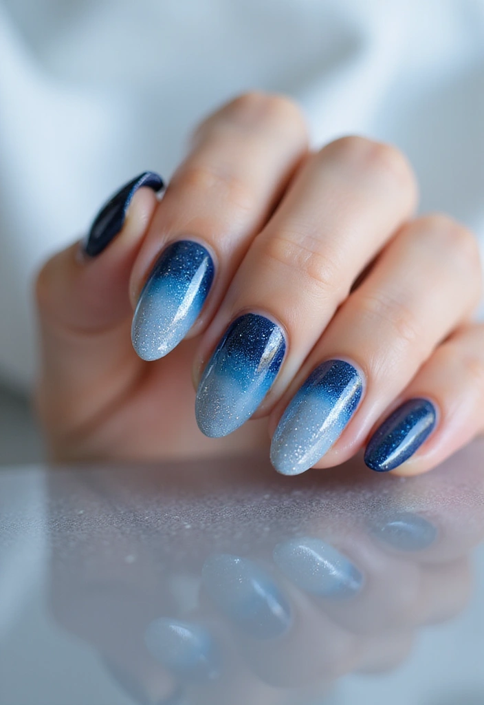 31 Icy Blue Christmas Nail Designs to Brighten December - 26. Blue Glitter Ombre