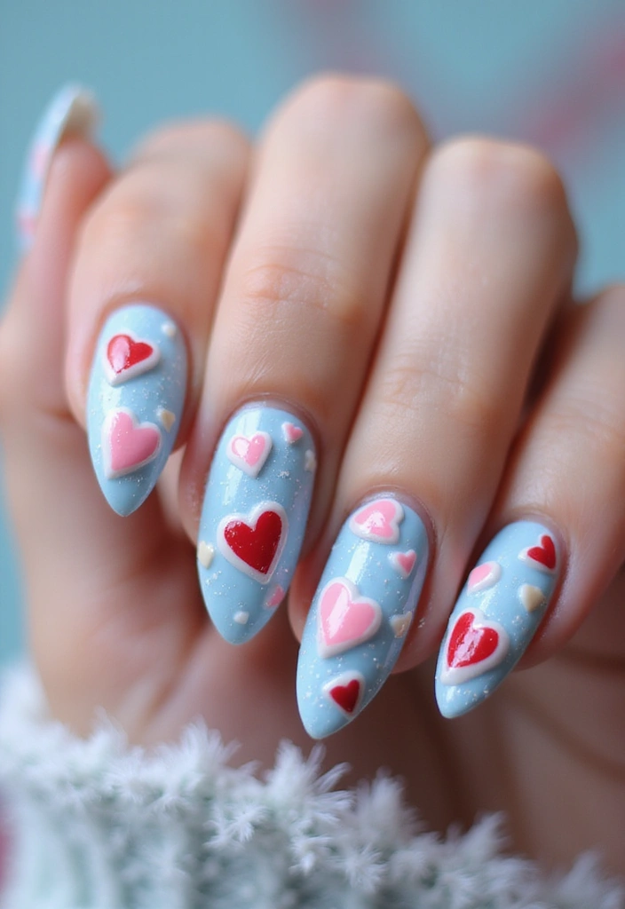 31 Icy Blue Christmas Nail Designs to Brighten December - 27. Candy Heart Nails