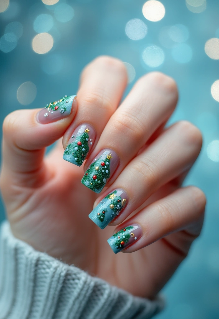 31 Icy Blue Christmas Nail Designs to Brighten December - 5. Christmas Tree Nail Art
