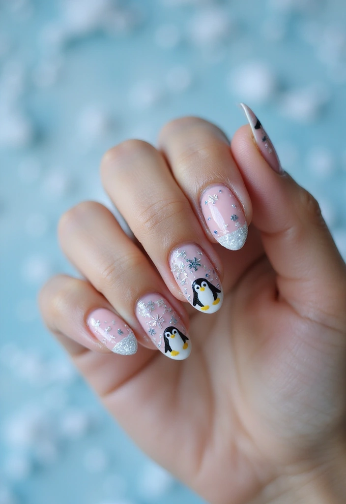 31 Icy Blue Christmas Nail Designs to Brighten December - 8. Penguin Nail Art