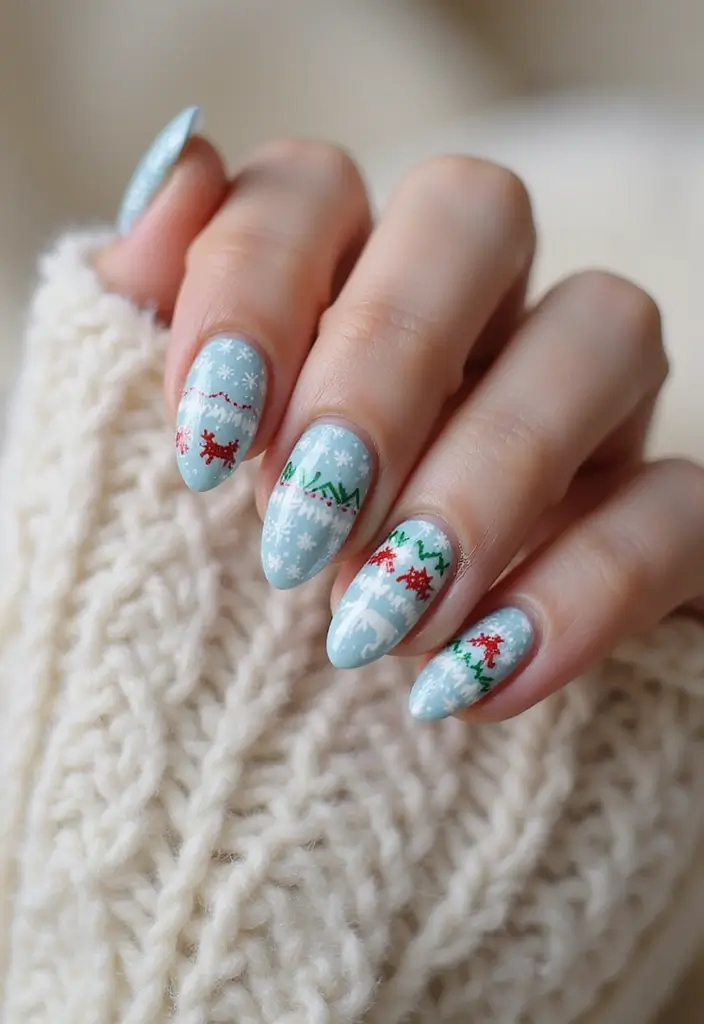 31 Icy Blue Christmas Nail Designs to Brighten December - 9. Holiday Sweater Nails