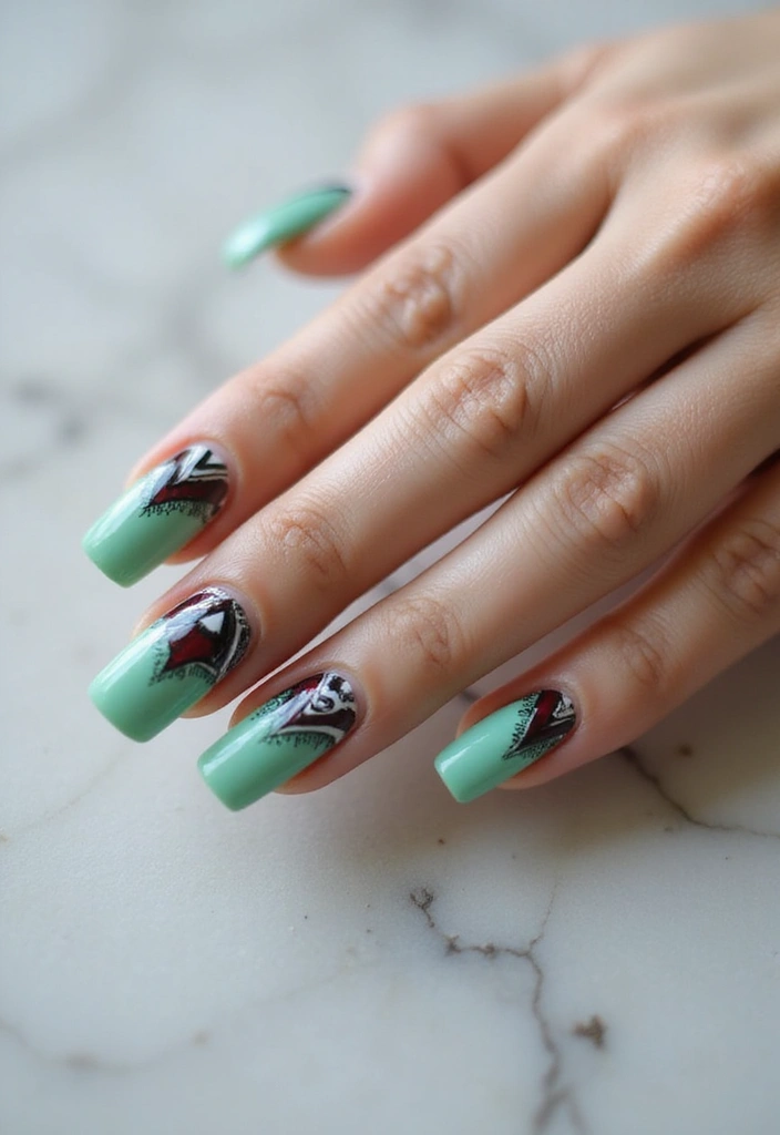 31 Square Pistachio Green Nails That Stand Out - 11. Tribal Patterns