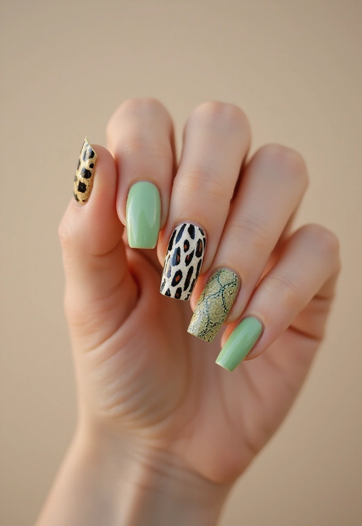 31 Square Pistachio Green Nails That Stand Out - 15. Animal Prints