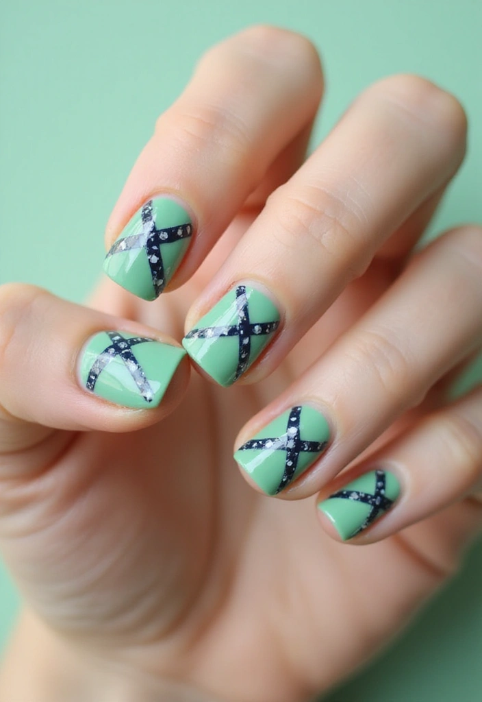 31 Square Pistachio Green Nails That Stand Out - 16. Cross-Hatch Designs