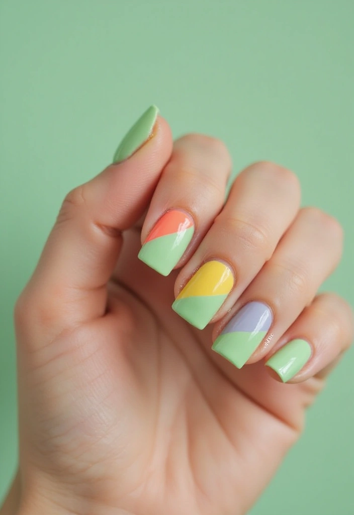 31 Square Pistachio Green Nails That Stand Out - 17. Color Blocking
