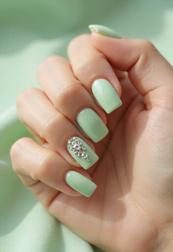 31 Square Pistachio Green Nails That Stand Out - 18. Rhinestone Accents