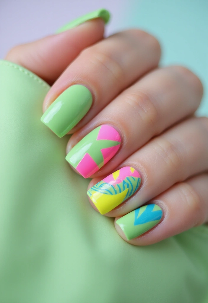 31 Square Pistachio Green Nails That Stand Out - 25. Neon Accents