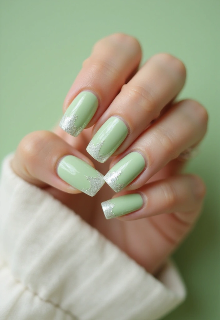 31 Square Pistachio Green Nails That Stand Out - 26. Ombre with Glitter Tips