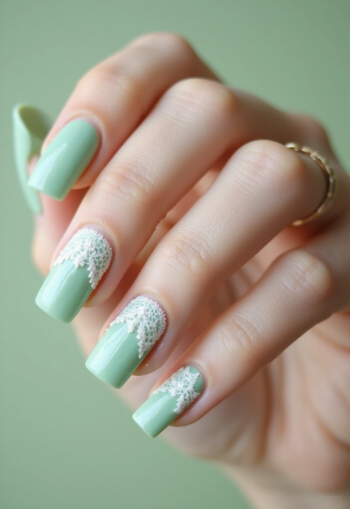 31 Square Pistachio Green Nails That Stand Out - 27. Elegant Lace Designs