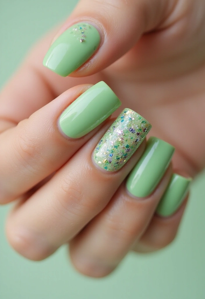 31 Square Pistachio Green Nails That Stand Out - 3. Pistachio with Glitter