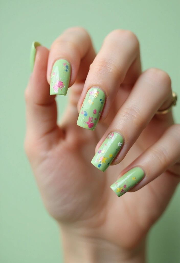 31 Square Pistachio Green Nails That Stand Out - 30. Artistic Splashes