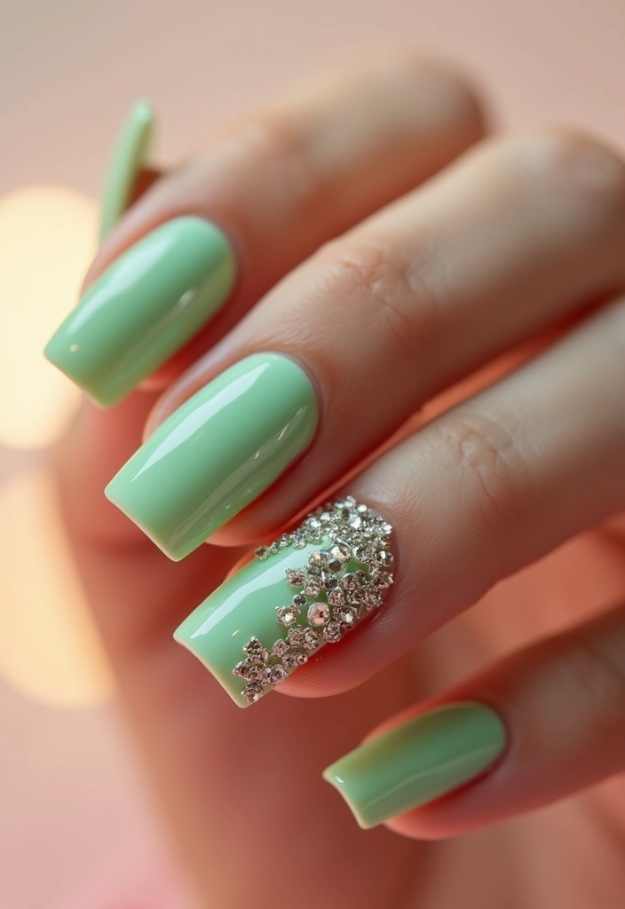 31 Square Pistachio Green Nails That Stand Out - 31. Bejeweled Elegance