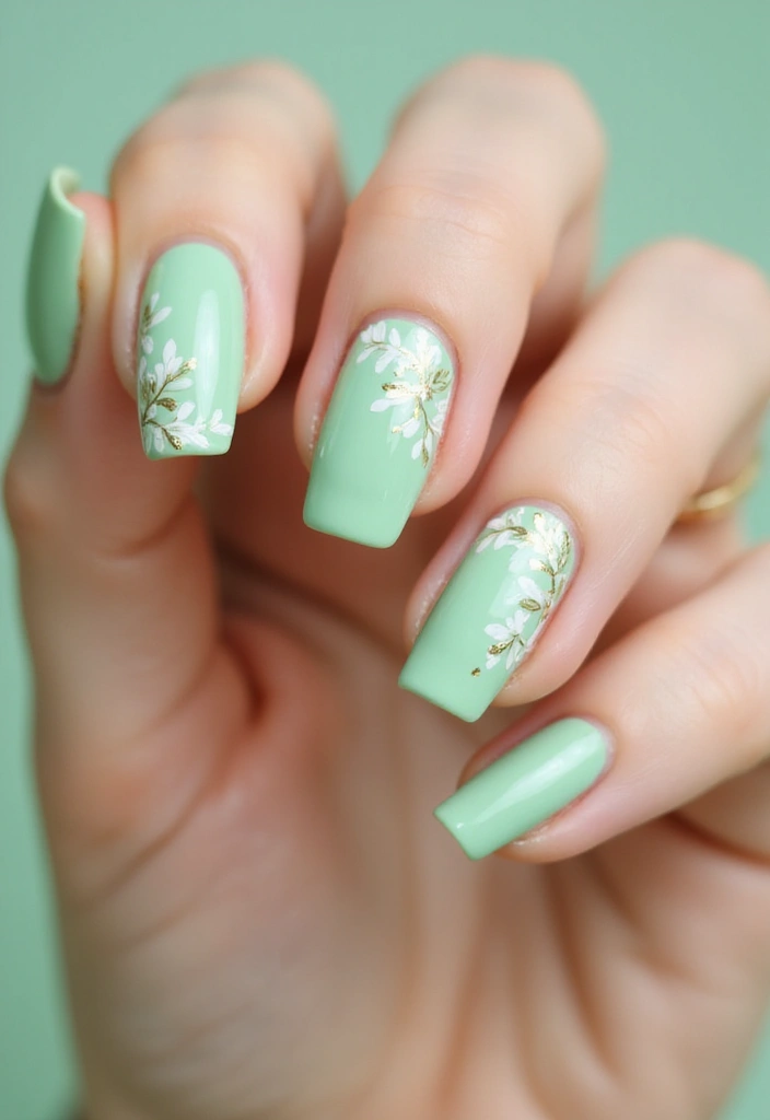 31 Square Pistachio Green Nails That Stand Out - 5. Floral Accents
