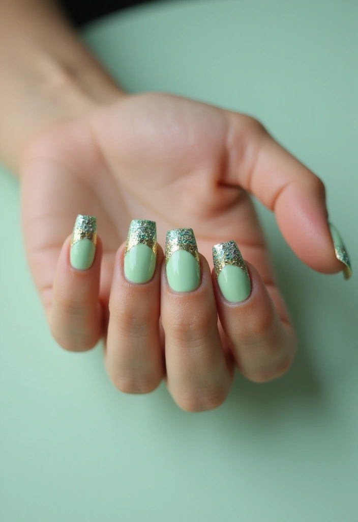 31 Square Pistachio Green Nails That Stand Out - 9. Bold Glitter Tips
